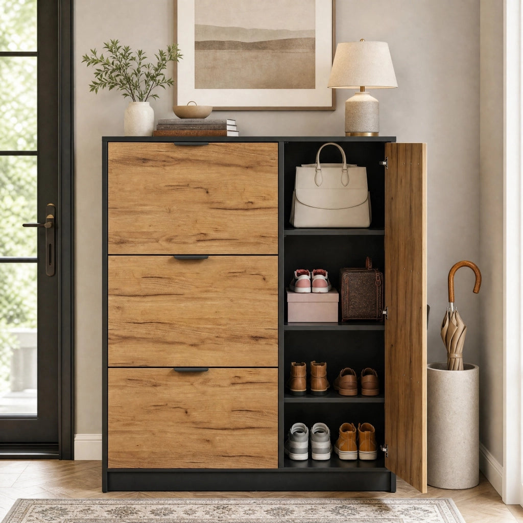 Scarpiera con 3 vani a ribalta e anta; ripiani rimovibili in MDF naturale e nero per ingresso 100 × 30 × 130 cm