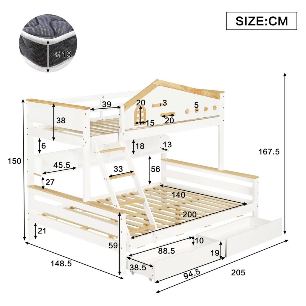 Letto a castello 90x200 e 140x200 cm bianco e naturale, con cassetti e mensole