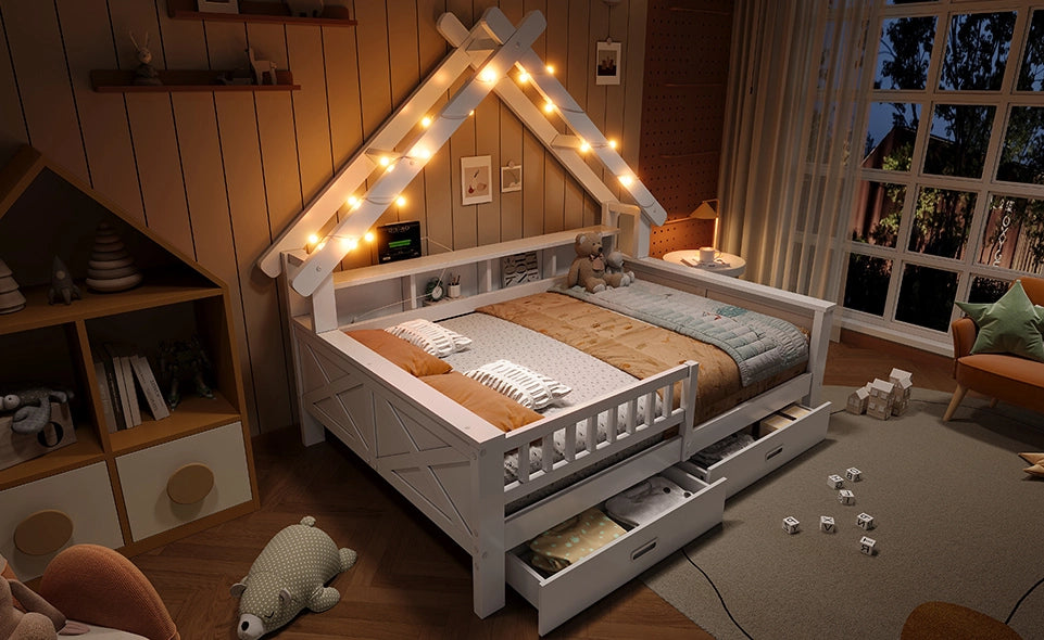 Letto a piattaforma in legno a forma di casa 140x200 cm con illuminazione LED, ripiani e cassetti, bianco