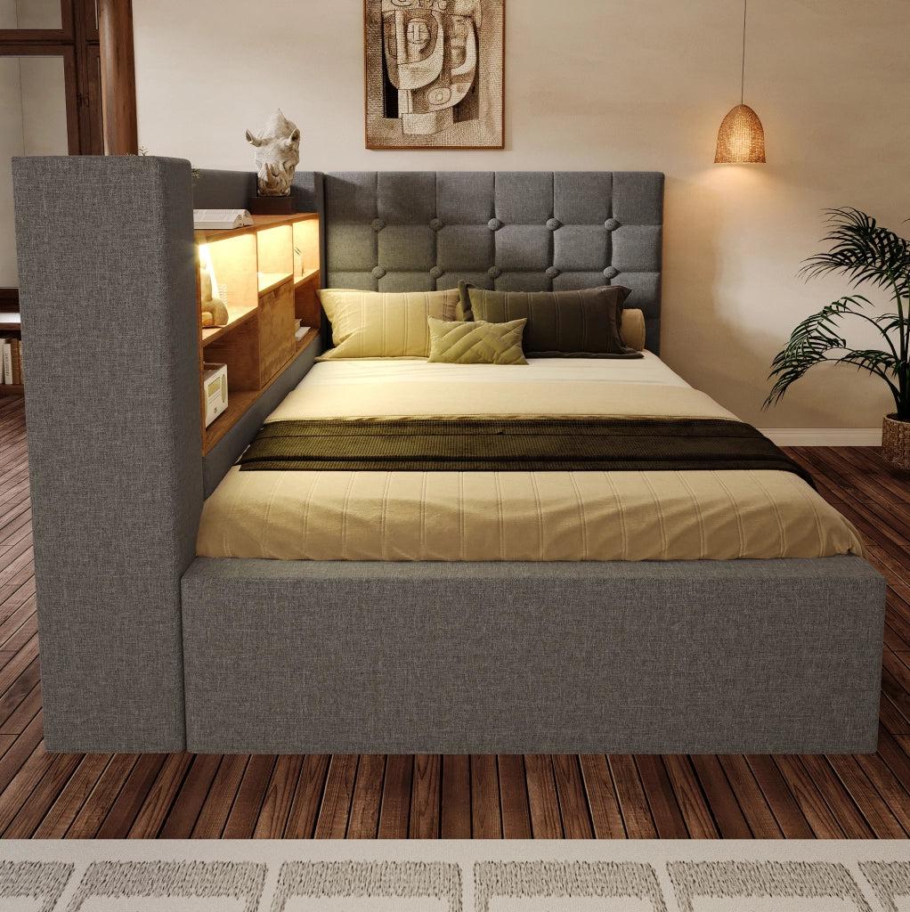Letto singolo imbottito 90x200 cm con spazio contenitivo, illuminazione LED e materasso H3 a 7 zone