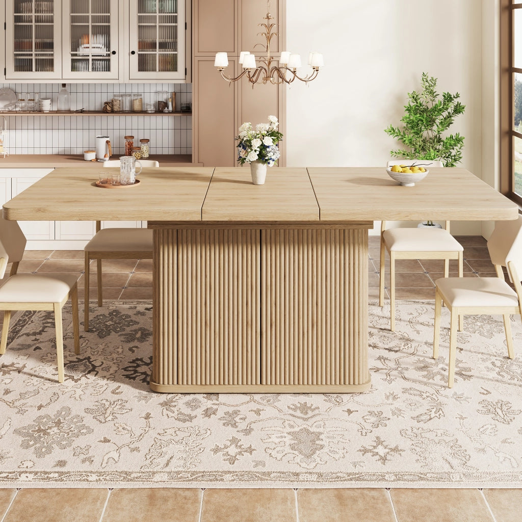 Tavolo da Pranzo Allungabile 140-180x80 cm con Vano Nascosto LEMONMAX; Ante Scanalate; Piedini Regolabili; MDF Effetto Legno Chiaro; H 76;5 cm
