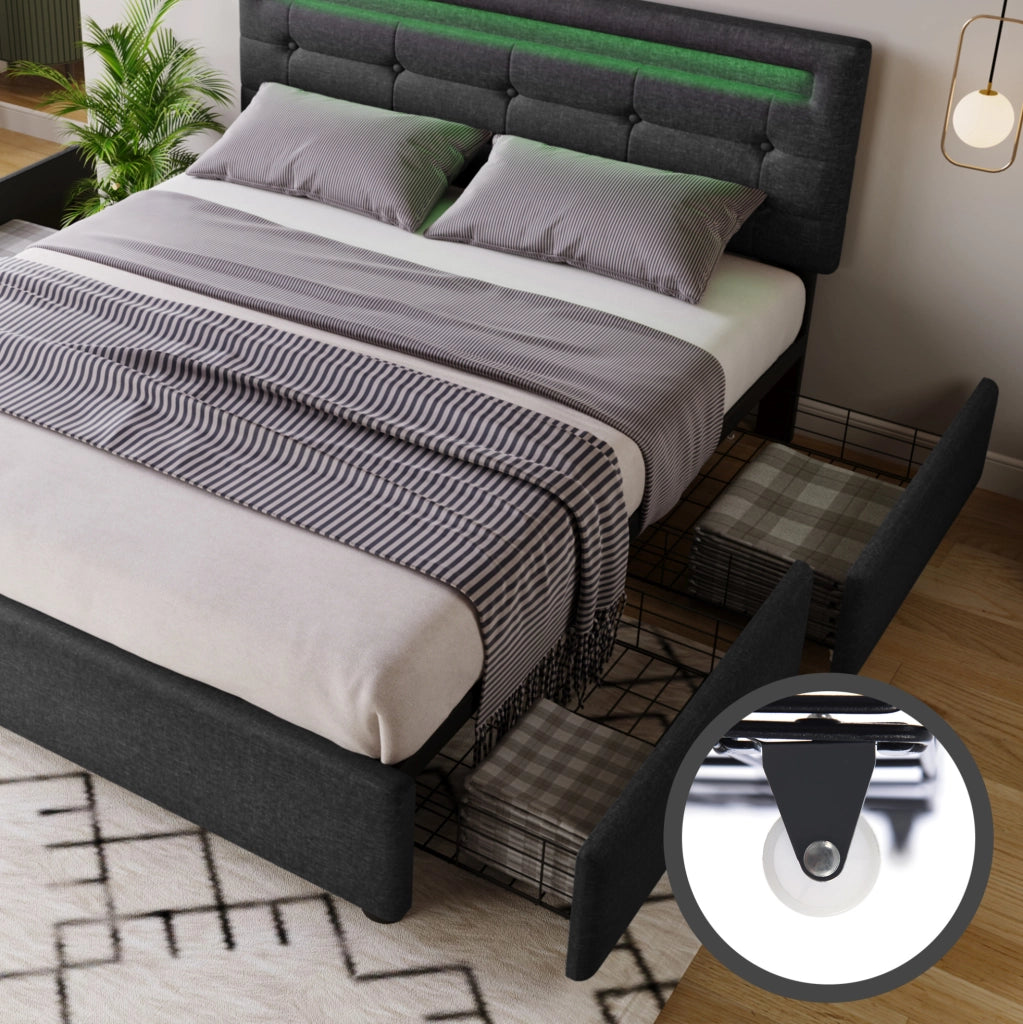 Letto matrimoniale con LED, 4 cassetti e testiera regolabile