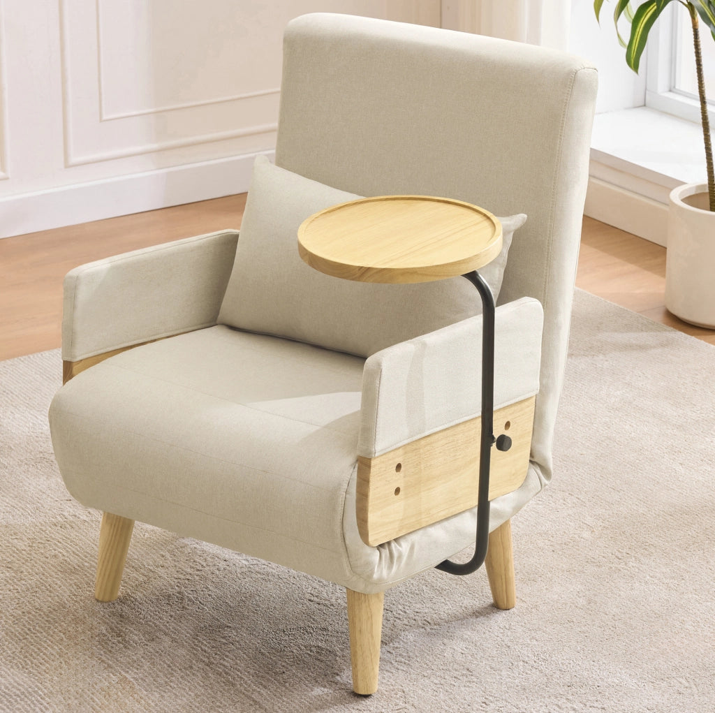 Poltrona letto pieghevole 3 in 1 con schienale regolabile e vassoio; beige