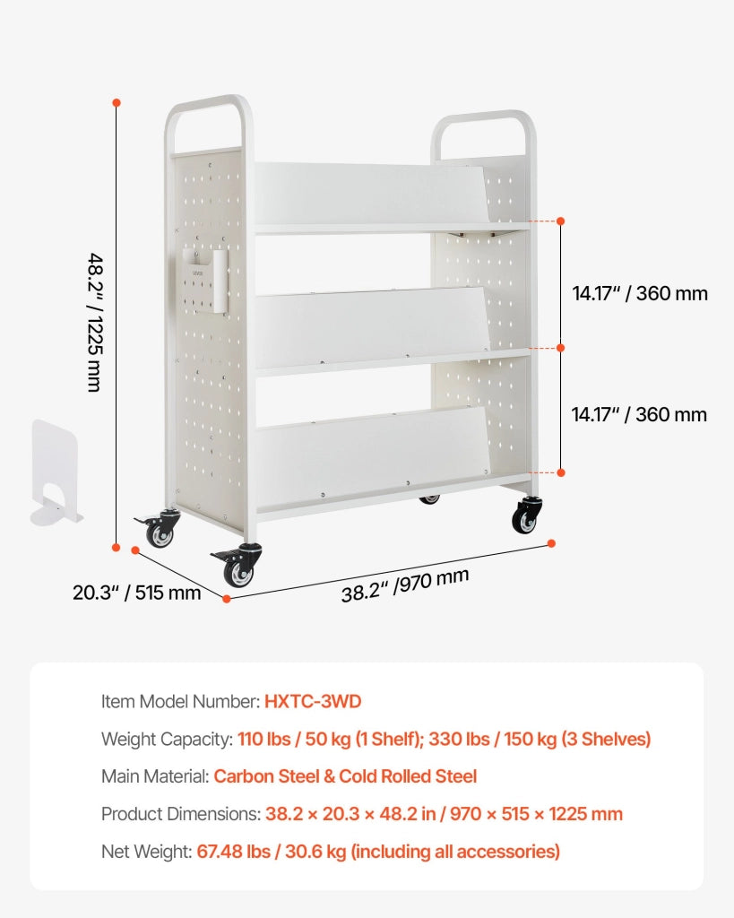 Carrello Portalibri con Ruote HXTC-3WD in Acciaio Bianco, Scaffale a W Bifacciale 970 x 515 x 1225 mm, Carico 150 kg Pratico per Casa e Ufficio