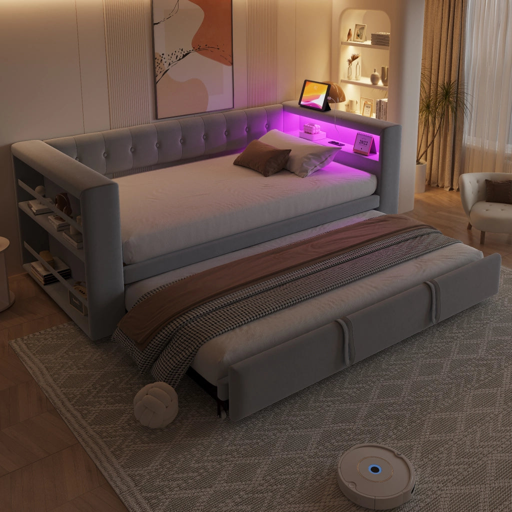 OKWISH Letto Divano 90×190 cm e 180×190 cm, Letto Singolo con LED Multicolore, Prese e Contenitori, senza Materasso, Grigio Chiaro