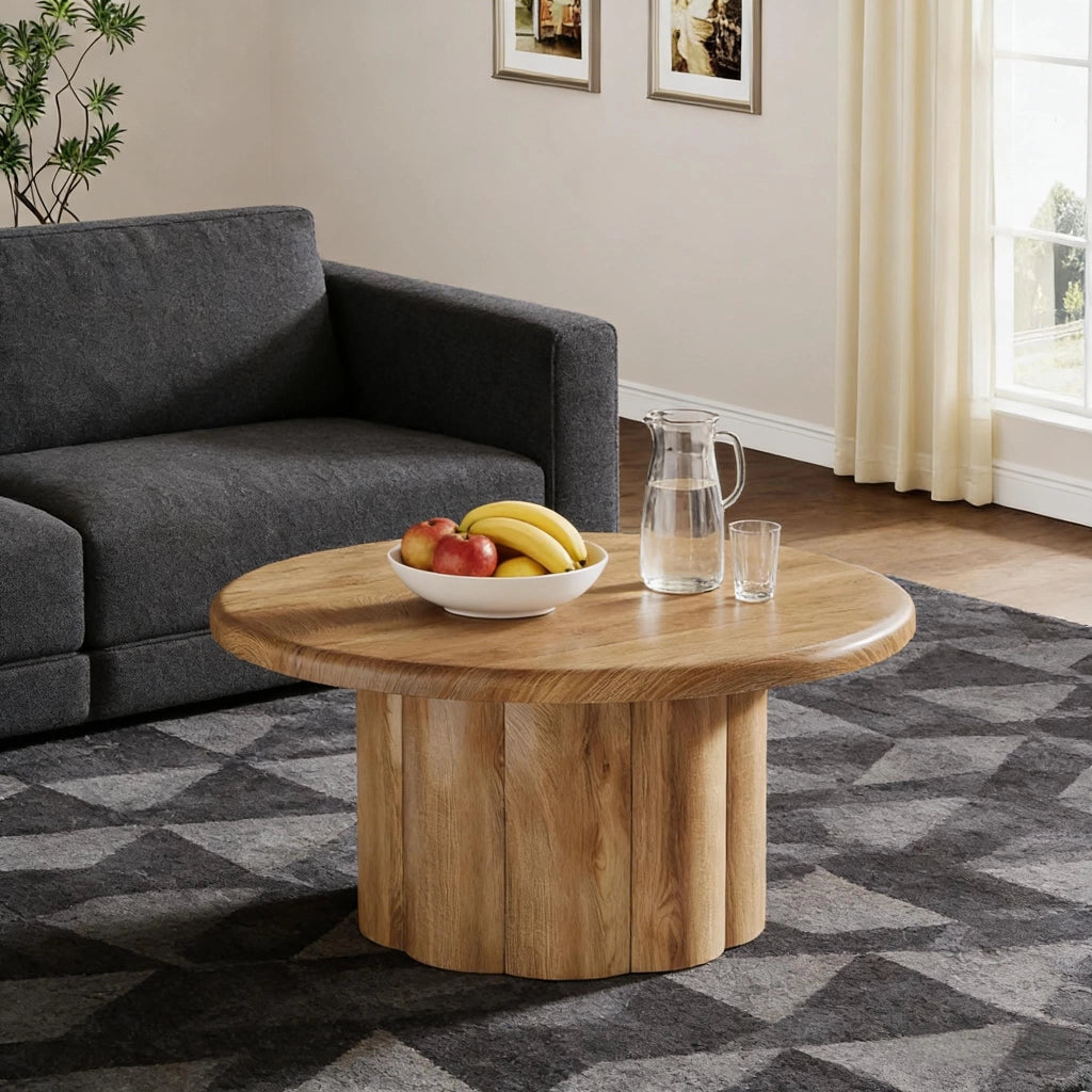 Tavolino da caffè rotondo 80 cm con base a colonne scanalate in MDF superficie antigraffio colore marrone