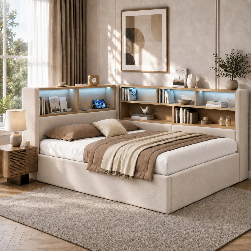 Daybed imbottito con contenitore idraulico, LED e USB, 90x200 cm, velluto beige