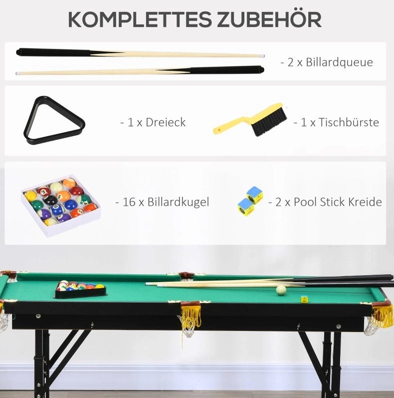 Tavolo da biliardo ULEVR pieghevole e regolabile in altezza 140x63 cm con set completo, verde