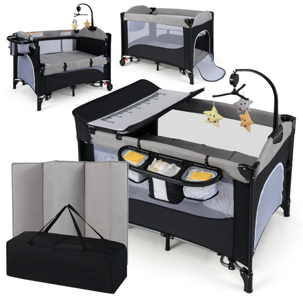 Box per bambini 6-in-1 da viaggio con fasciatoio e materasso, Lettino pieghevole per bambini fino a 15 kg Grigio chiaro-Cancelletti di sicurezza