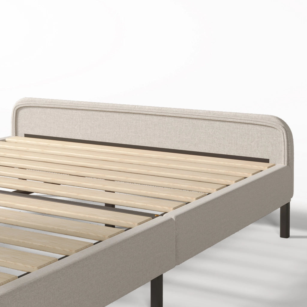 Letto imbottito 140 x 190 cm; letto matrimoniale con rete a doghe; testiera regolabile; telaio minimaliste; rivestimento in lino; grigio-beige chiaro