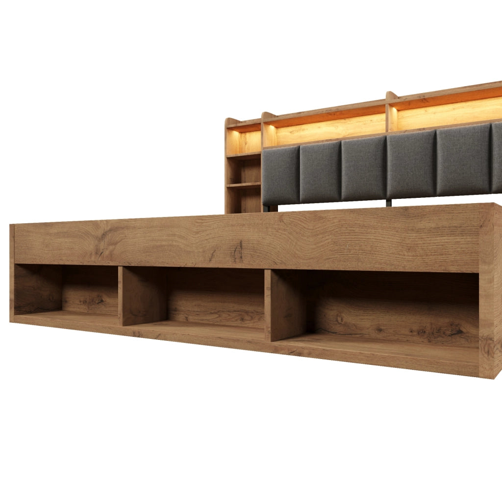 Letto 180x200 cm con LED, USB e cassetti in MDF e metallo color rovere