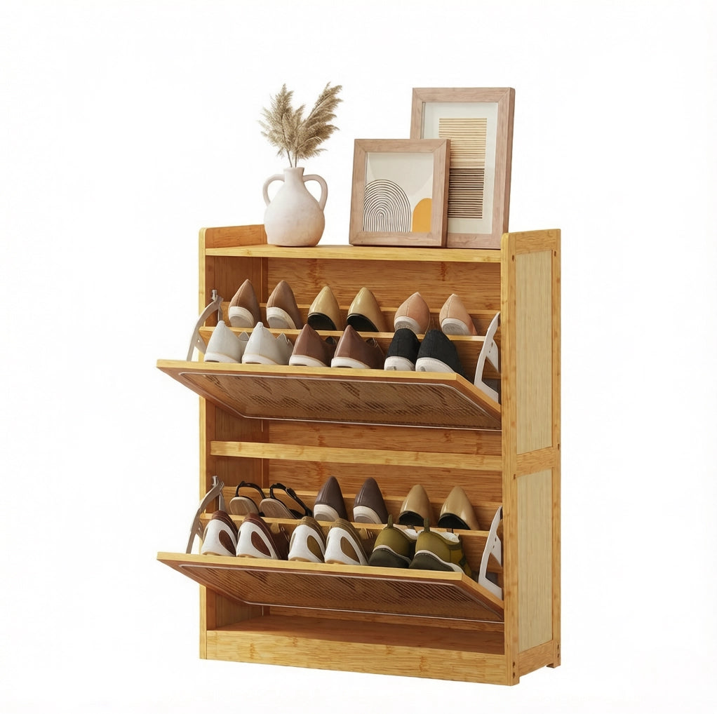 Armadio porta scarpe in bambù per 14 paia, con 2 scomparti ribaltabili e ripiani regolabili 69x29x83 cm