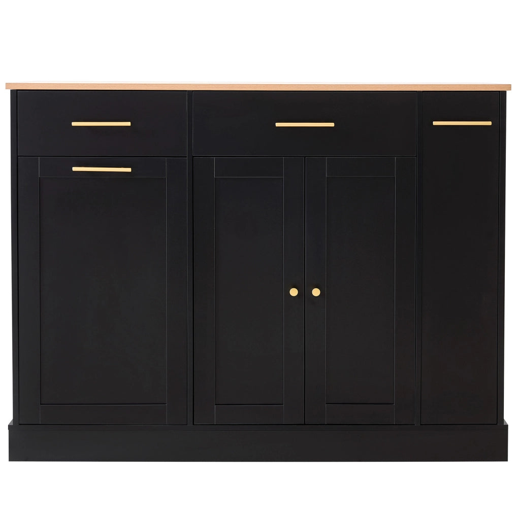 Isola da cucina con piano pieghevole 120 cm, armadietto nero con spazio per pattumiera, ripiano laterale estraibile e 3 cassetti