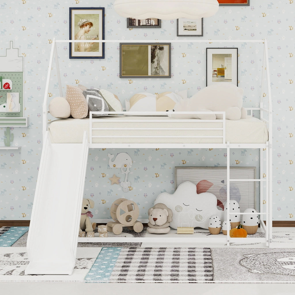Letto a castello 90 x 190 cm per bambini a forma di casa con scivolo e scale, senza materasso a molle, facile da montare