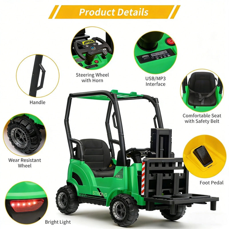 Carrello Elevatore Elettrico per Bambini 12V con Forche Regolabili; Bancale; Tettoia e Telecomando