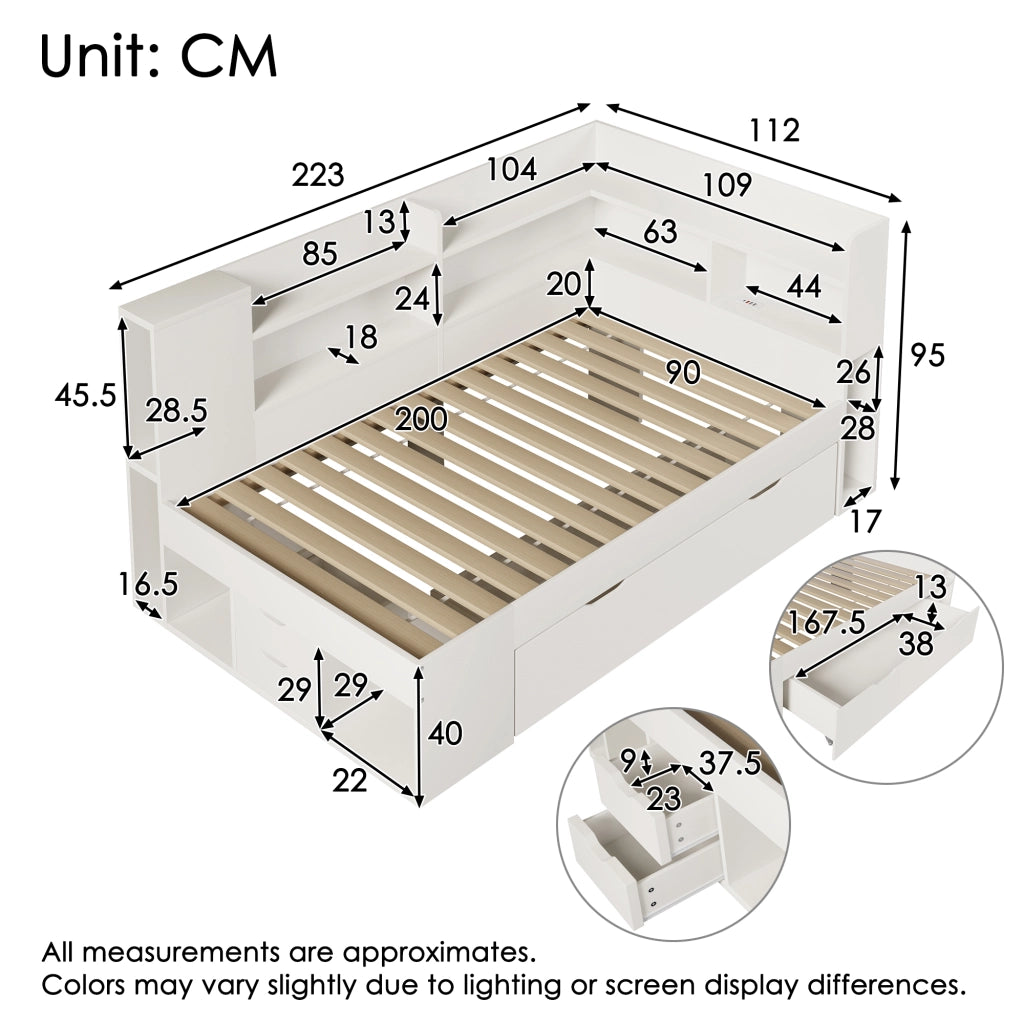 Letto con cassetti 90 × 200 cm con LED; USB e Tipo-C; mensole; rete a doghe e cassetto su ruote bianco