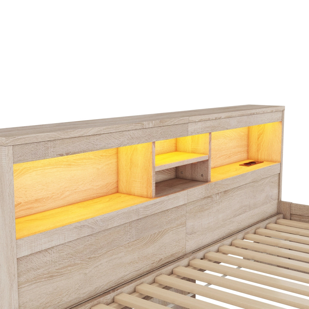 Letto singolo 90×200 cm con LED; USB; 2 cassetti e vani; rete inclusa; senza materasso; naturale