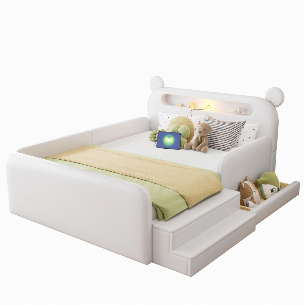 Letto imbottito per bambini 140x200 cm con testiera a orso; luce notturna; USB; contenitore; bianco