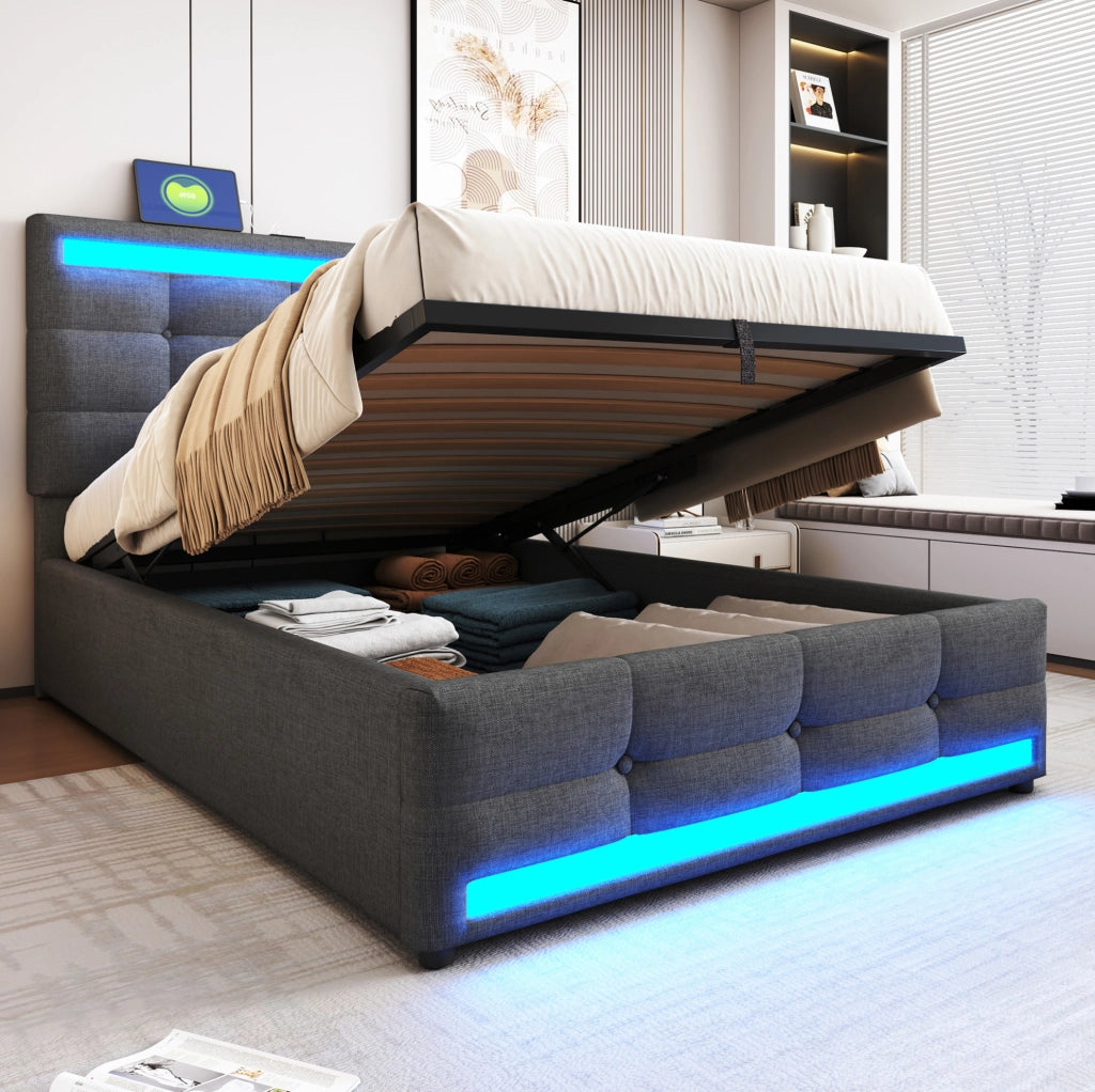 Letto imbottito LED con USB e contenitore visivo moderno