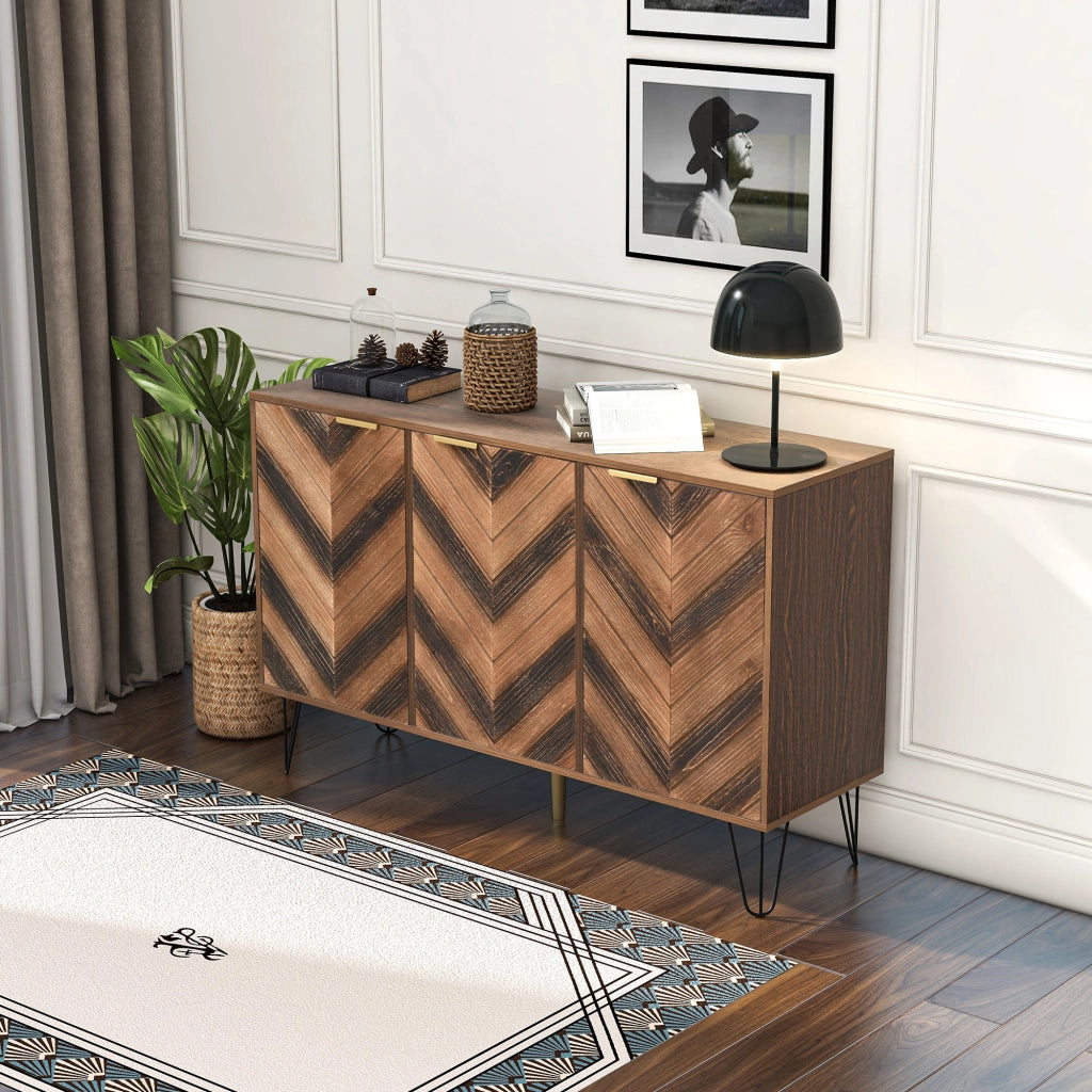 Credenza con 3 Ante e Ripiani; Maniglie Dorate; Stile Moderno; in Pannelli di Particelle; Naturale; 120¡Á38¡Á76;5 cm
