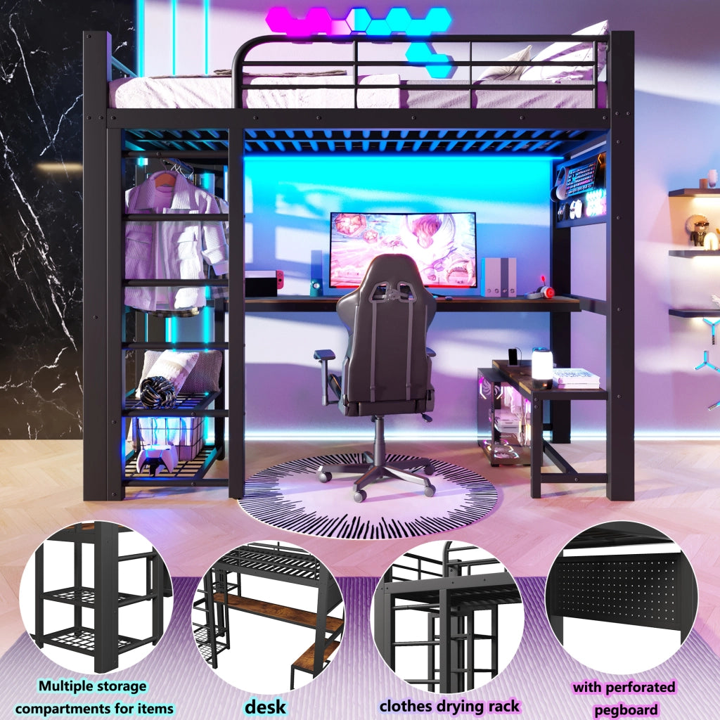 Letto a soppalco 90 × 200 cm con scrivania in legno LED ripiani barra appendiabiti e pannello forato in metallo nero