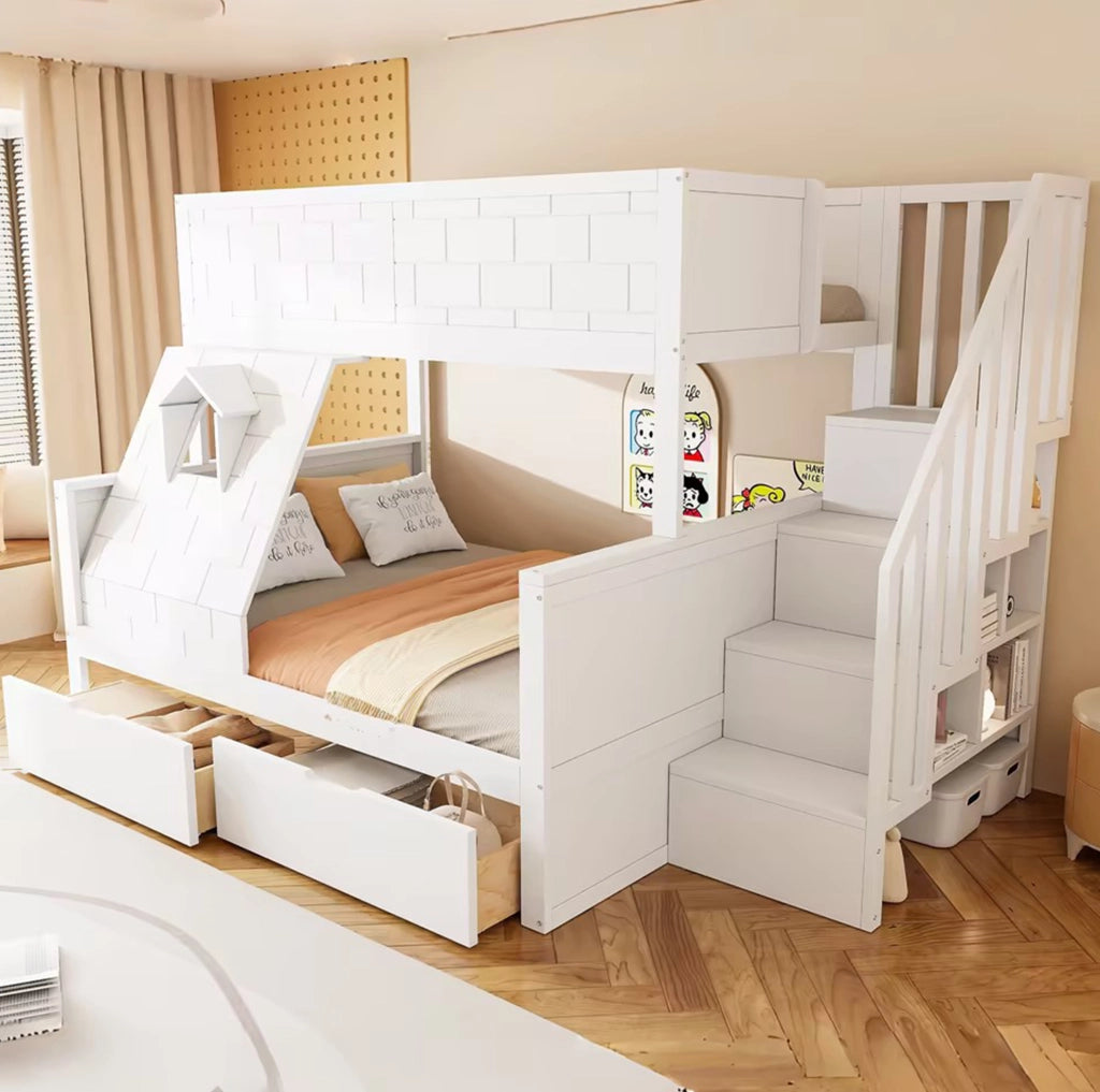 Letto a castello per bambini con scala contenitore; 2 cassetti e finestra; bianco