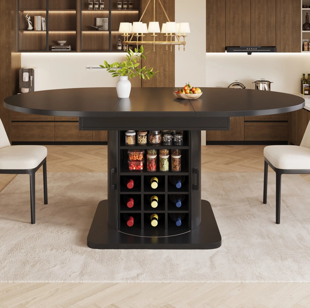 Tavolo da pranzo allungabile con vano contenitore e ripiani estraibili 118-158 x 118 x 76 cm nero