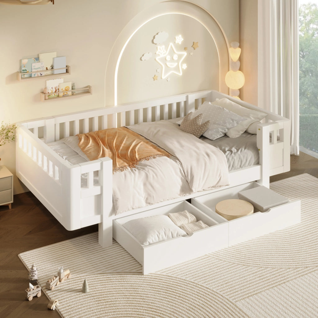 Letto per bambini 90 × 200 cm con barriera alta e 2 cassetti estraibili, senza materasso, in legno massello e MDF bianco