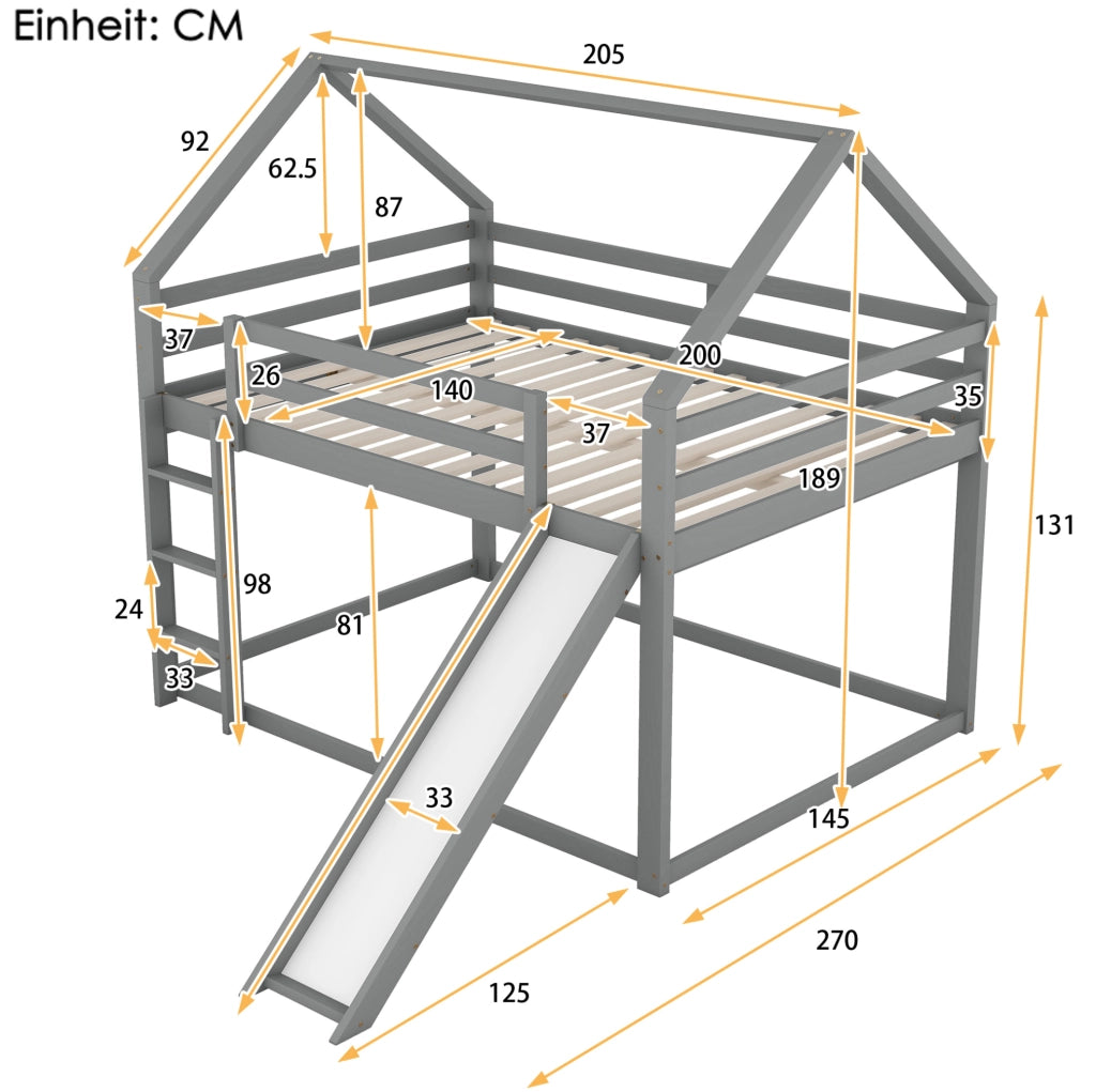 Letto a Castello per Bambini a Forma di Casa con Scivolo e Scala, 140x200 cm, Grigio