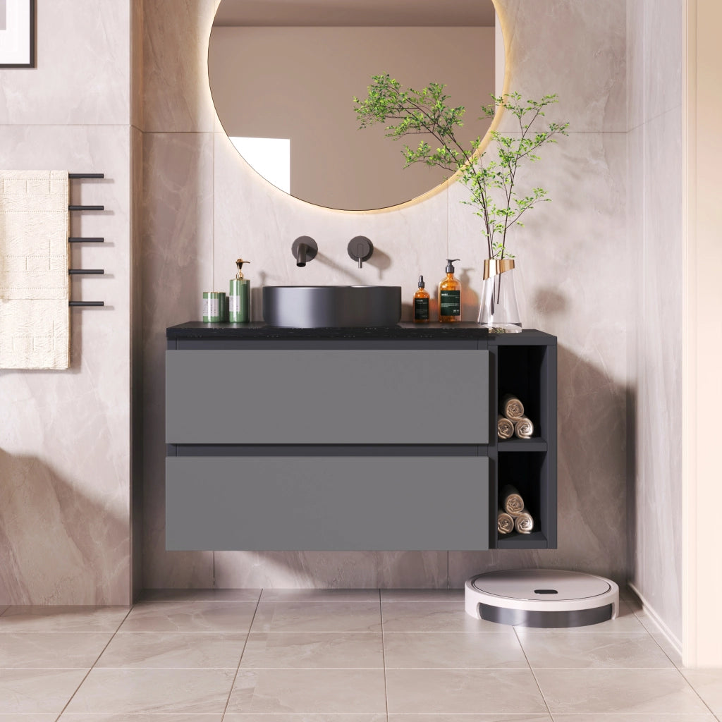 Mobiletto con lavabo rotondo in ceramica nero cassetti vano aperto piano in marmo MDF grigio 80.0 × 44.0 × 48.5 cm