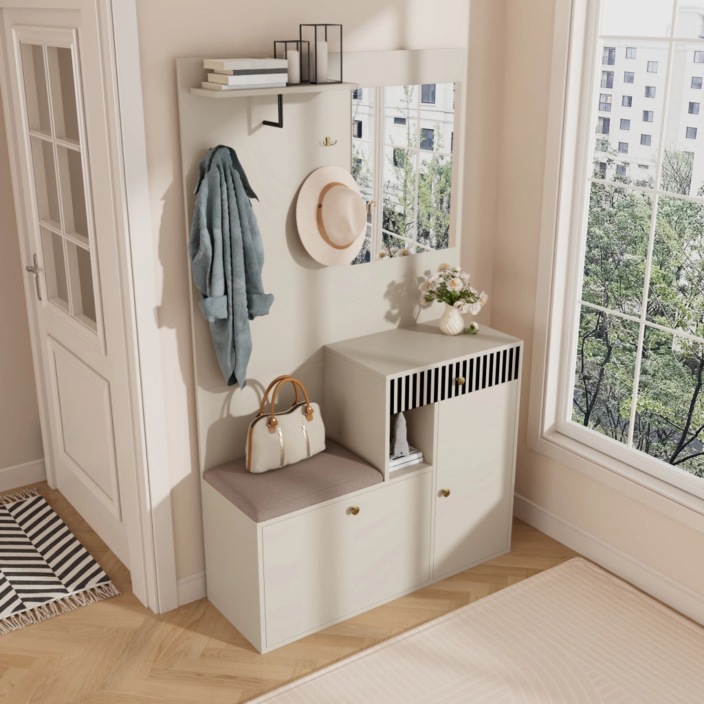 Mobile da ingresso con specchio, seduta imbottita, ripiani regolabili, ganci e cassetti in MDF, 110 × 37 × 185,5 cm