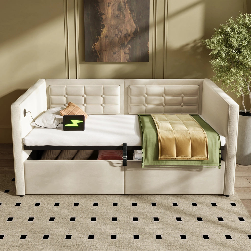 Letto divano singolo 90 × 200 cm con contenitore idraulico, USB e porta tipo C, senza materasso, velluto beige