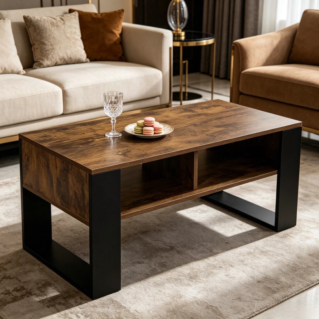 Tavolino da salotto 90x45 cm con 2 vani aperti nero e marrone rustico HOMVRA