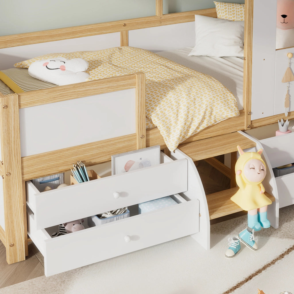 Letto a casetta semi-alto con cassetti