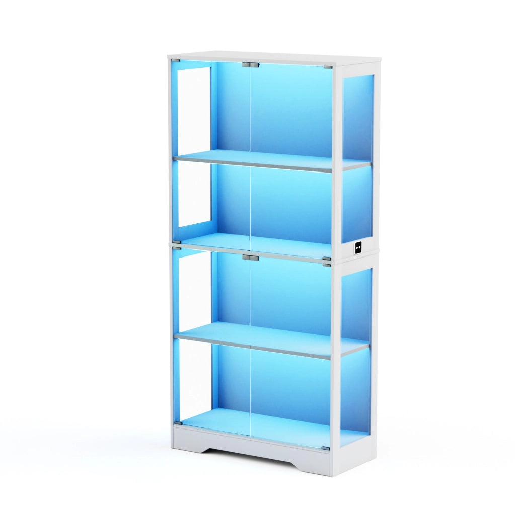 Vetrina in vetro a quattro piani bianca con LED e sensori, 80x35x165 cm, per soggiorno e ufficio