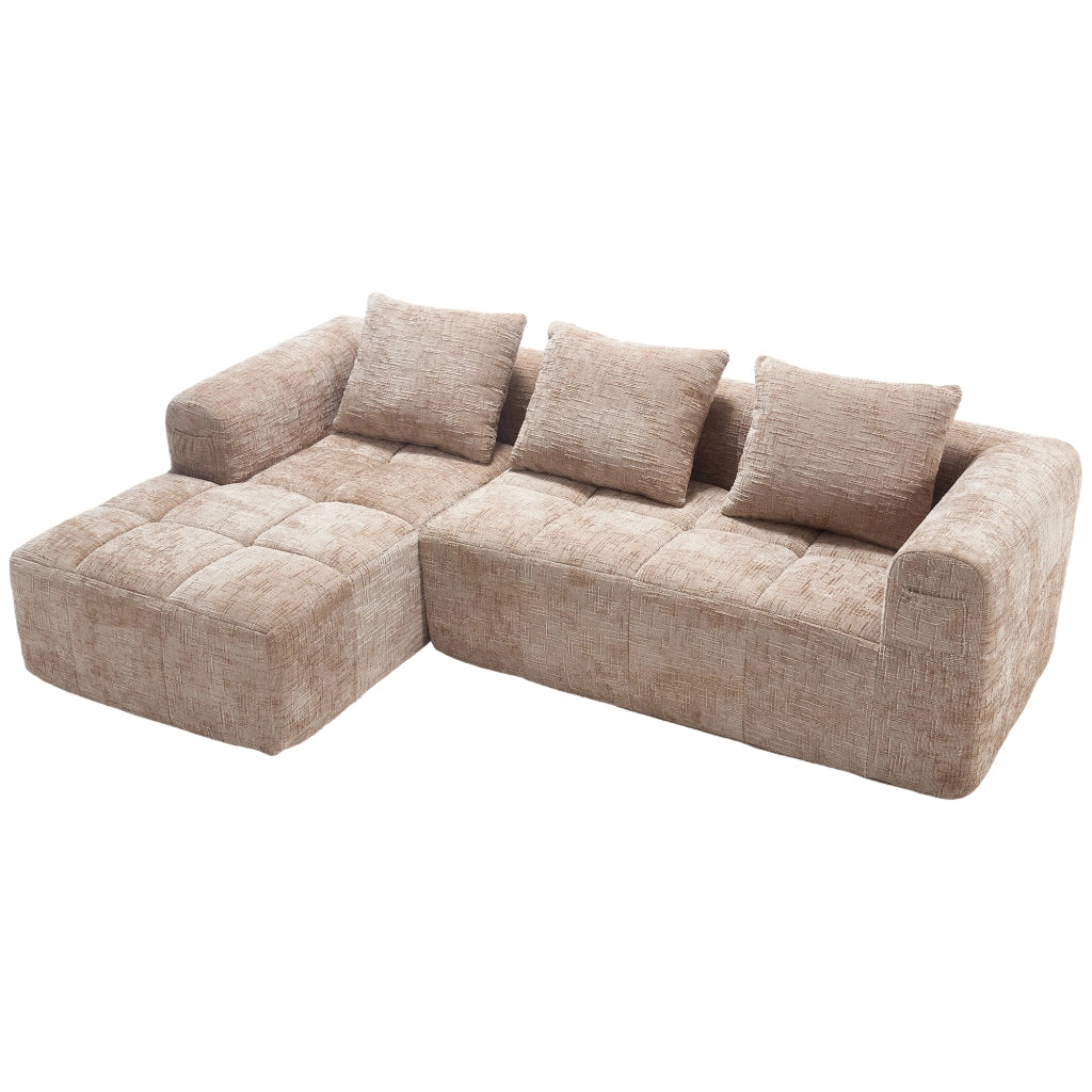 Divano componibile con chaise longue in ciniglia kaki e tasche laterali