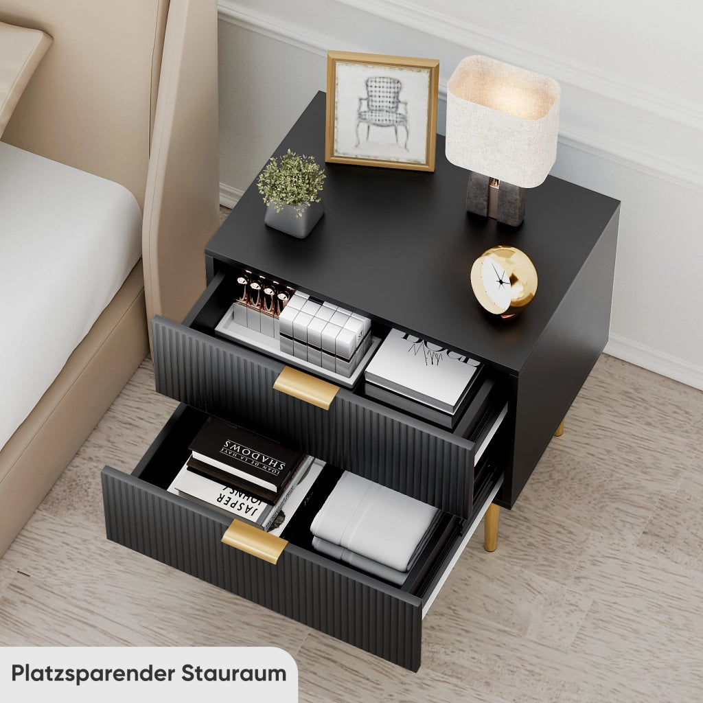COMODINO Moderno con 2 cassetti Nero MDF e metallo