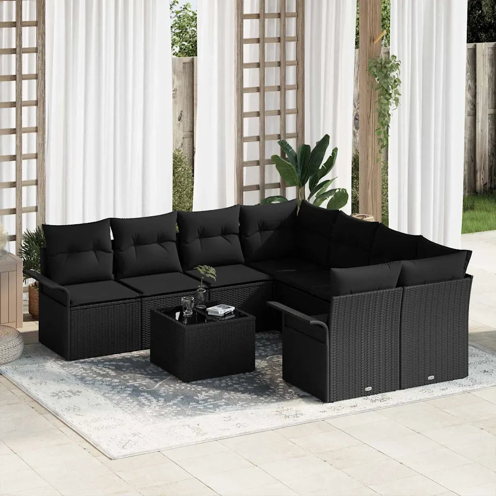 Set Divano da Giardino con cuscino 9 pcs Nero polyrattan