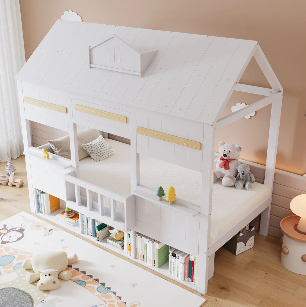 Letto a soppalco per bambini con design a casetta e libreria integrata