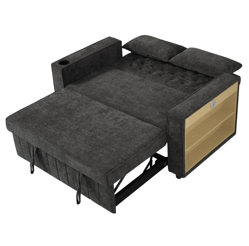 Divano letto multifunzionale 2 posti in tessuto chenille con schienale regolabile, porta bevande e porta USB, grigio