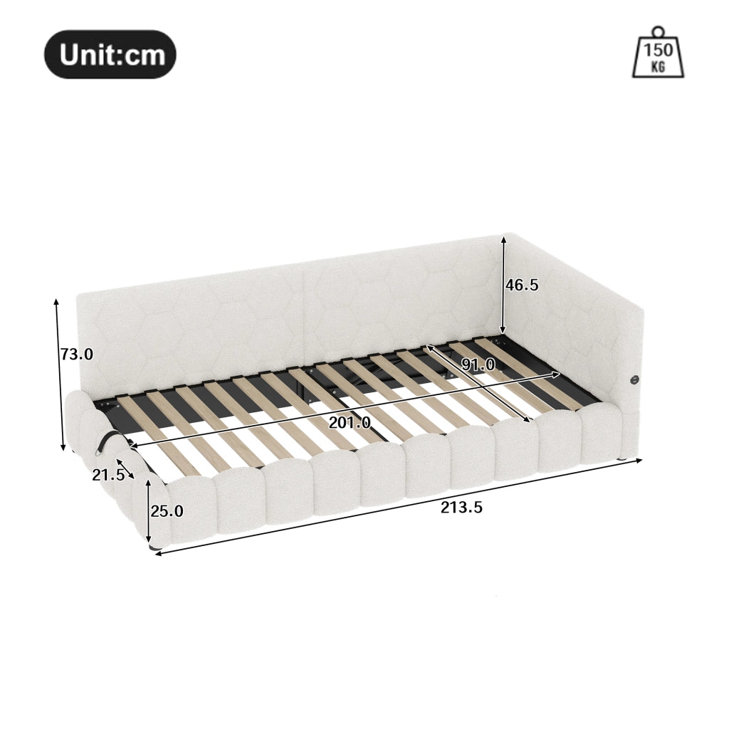 Letto daybed 90x200 cm con rete a doghe, contenitore idraulico, LED, USB e Type-C, senza materasso, bianco