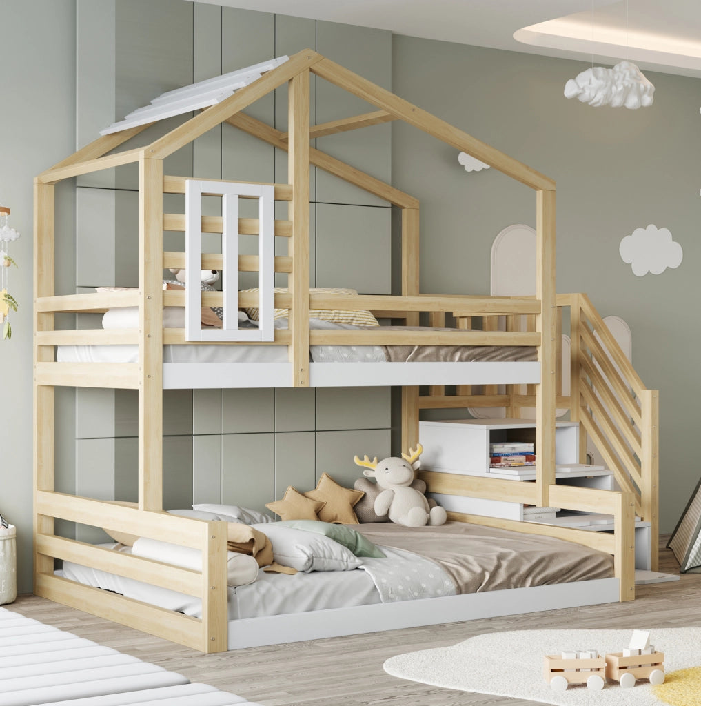 LETTO A CASTELLO 90x200 cm in pino e MDF naturale con scala contenitore