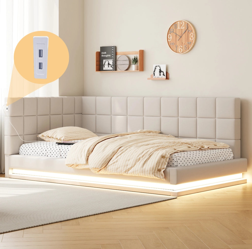 Divano letto imbottito 90x200 cm beige con LED e USB