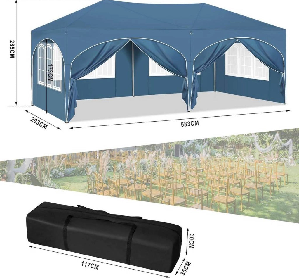 Gazebo pieghevole 3 x 6 m blu con 6 pareti laterali