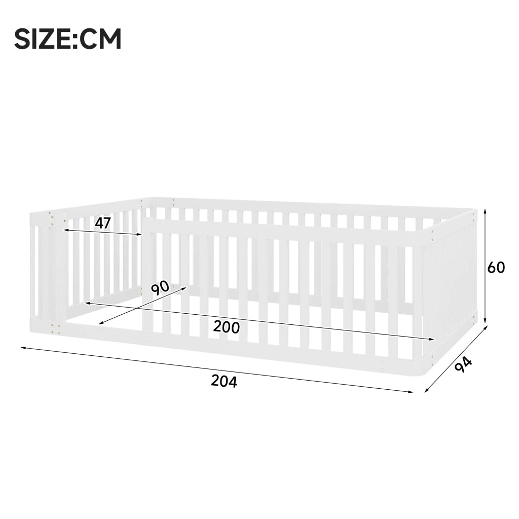 Letto per bambini 90 × 200 cm 1 posto con recinto di sicurezza, senza materasso, in legno di pino, bianco