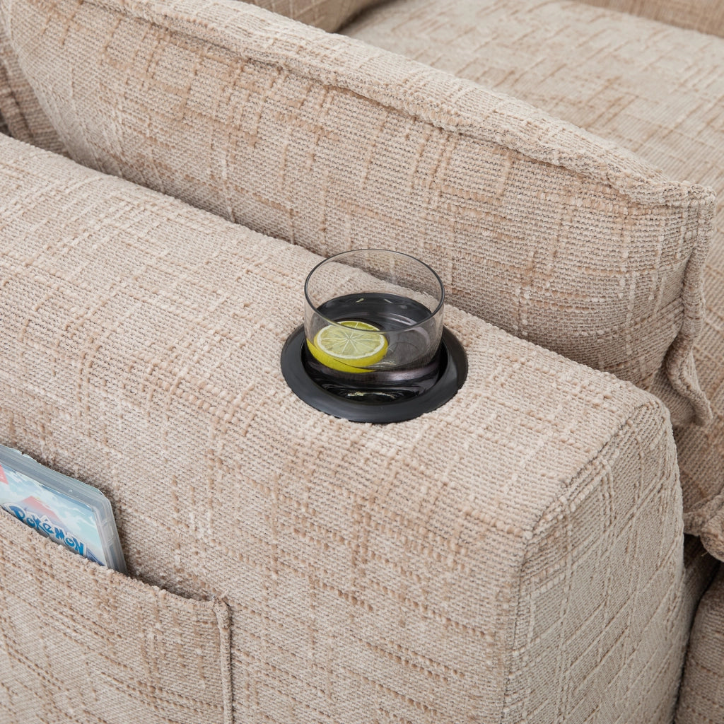 Divano modulare a 4 posti con 2 pouf, tessuto chenille kaki, cuscini, portabicchieri e tasche laterali