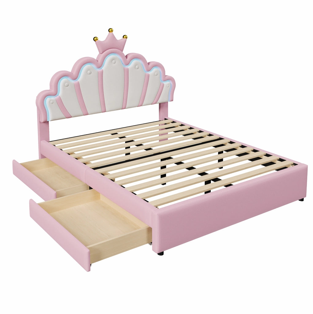 Letto imbottito a corona 140 x 200 cm con 2 cassetti; testiera regolabile; PU rosa