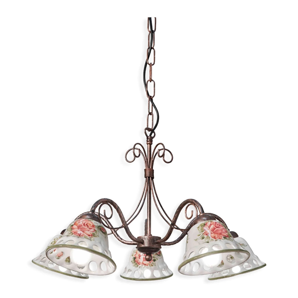 Lampadario Classico Napoli Metallo E Ceramica Nero Sfumato Rame 5 Luci E14