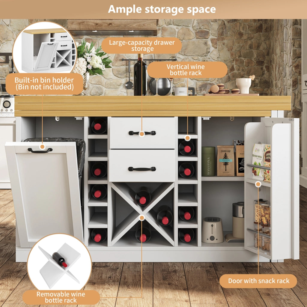 Tavolo da cucina con piano girevole 360° portabottiglie estraibile e portarifiuti bianco 120–223 × 40 × 73.8 cm