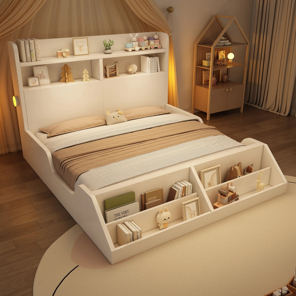 Letto matrimoniale con rete a doghe 140 × 200 cm in legno bianco con luci notturne e libreria rimovibile
